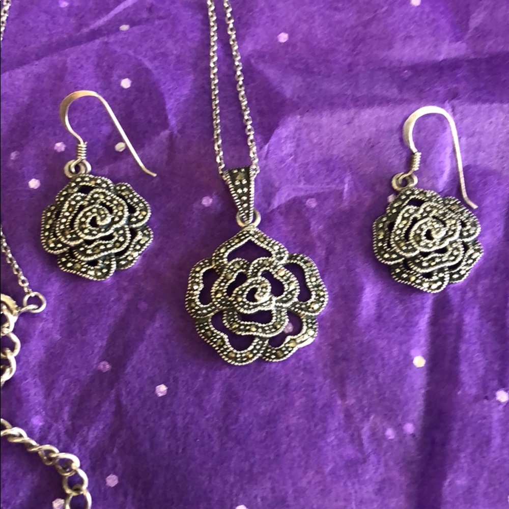 Marcasite stone Rose necklace & matching earrings